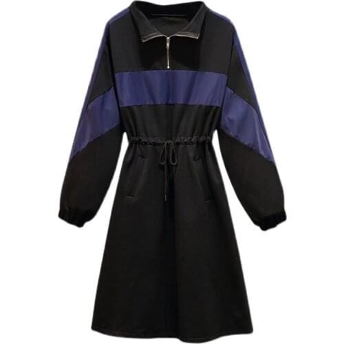 Plus Size Sport Cotton Dress Women 2021 Long Sleeve Stripe Contrast Casual Dress Sweatershirt Knee Zip Stand Collar Dressess