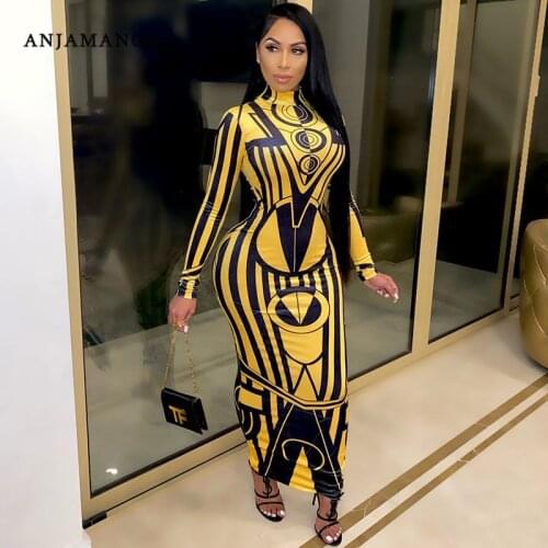 ANJAMANOR Yellow Geometric Print Bodycon Dresses for Women Clothing Fashion Sexy High Neck Long Sleeve Maxi Dress D6-DD37