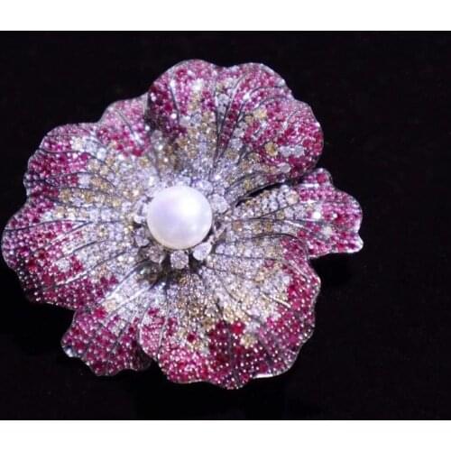 50MM natural fresh water pearl 925 sterling silver with cubic zircon flower brooch fine women jewelry free shipping decoration