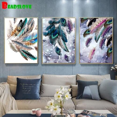 Colorful Bird Feather diamond embroidery 3 pieces diamond Painting cross stitch mosaic rhinestone Wall Art Home Decor