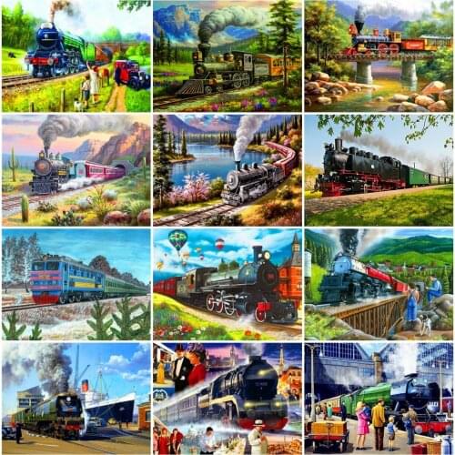 AZQSD Diamond Painting Train Cross Stitch Kits Picture Of Rhinestones 5D Diamond Embroidery Landscape Mosaic Home Decor Gift