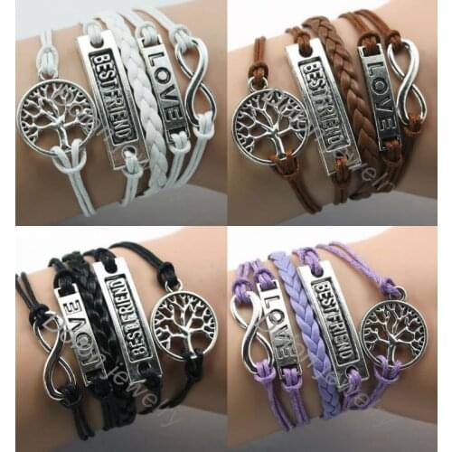 4 Colors Handworked Combined Infinity Love Life Tree and Best Friend Bangle Bracelet Jewelry Leather Rope Wrapped