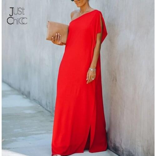 Justchicc Sexy One Shoulder Maxi Long Dress Women Solid Loose Sleevesless Summer Dresses Side Split Backless Elegant Robes 2021