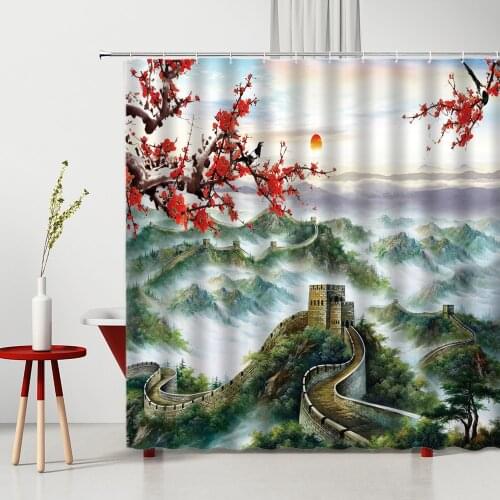 Chinese Classical Architecture Shower Curtain Great Wall Ink Plum Blossom Unique Design Bathroom Decor Polyester Bath Curtains