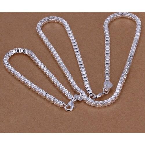 Factory direct high-quality European style male 4MM box chain fashion necklace bracelets Silver color jewelry Set , S026