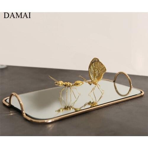 Metal Storage Trays Simple Golden Handle Glass Mirror Cake Dessert Afternoon Tea Food Tray Living Room Decoration Ornaments