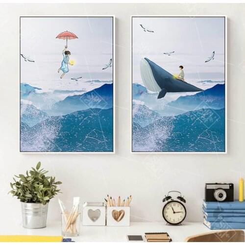 Cute Blue Whale Ocean Cartoon Canvas Painting Nordic Style Kids Decor Poster and Print For Nursery Baby Room Wall Art Picture