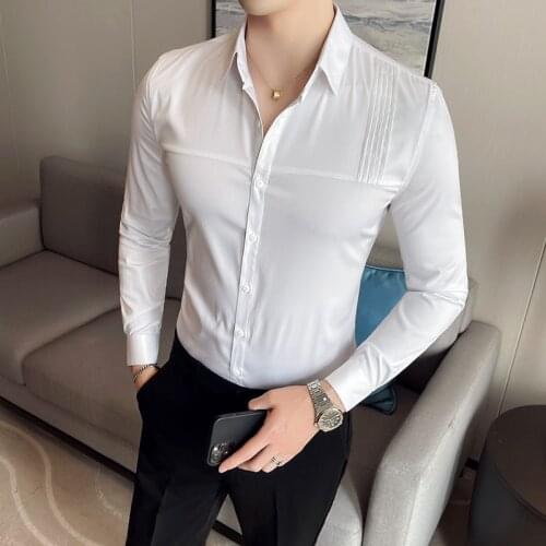 Plus Size 4XL-M Autumn New Solid Long Sleeve Men Shirt Tuxedo Simple All Match Slim Fit Luxury Business Office Blouse Homme Sale