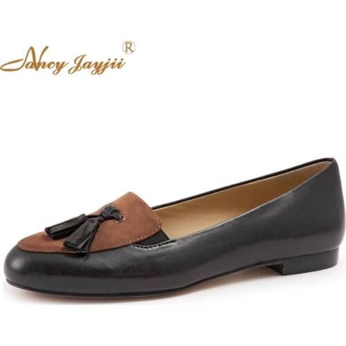 Nancyjayjii handmade black fashion 2019 spring leather ballet flats round head shoes tassel ladies dress professional shoes
