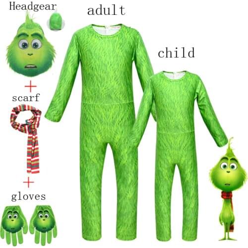 New children cartoon Grinch Christmas costume cosplay green-haired monster jumpsuit for kids Halloween