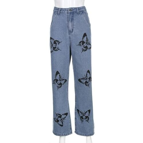 Autumn Butterfly Print Pants Female Loose Fashion Casual Wide-leg Jeans Women High Waist Streetwear Pants Summer New 2020