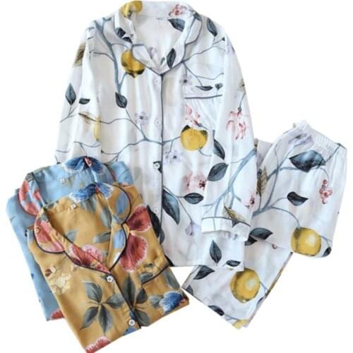 2021 Cotton Satin Top+Pants 2Pcs Pajamas Women Spring Autumn Thin Loose Can Be Worn Outside Rayon Lapel Floral Cardigan Homewear