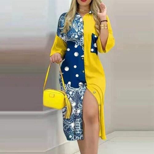 Hirigin Long Sleeve Shirt Dress Women Autumn Print Turn Down Collar Button Up Shirt Dress Plus Size Loose Casual Party Dress