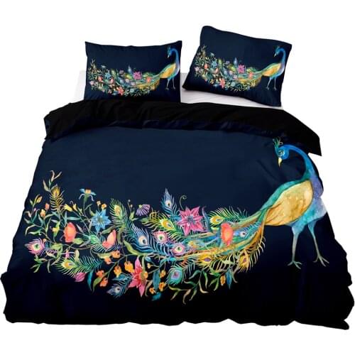 Peacock Pattern Duvet Cover Set With Pillowcase,200x200 Quilt Cover,264×228 Blanket Cover,Black Extra Large Size Bedding Set