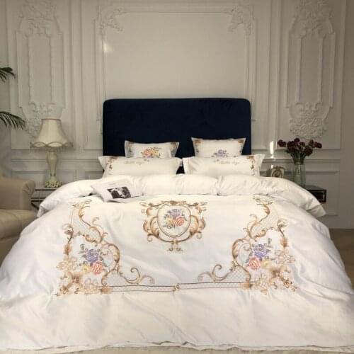 Luxury White Embroidery 60S Satin Washed Silk Bedding Set Cotton Duvet Cover Bed Linen Fitted Sheet Pillowcases Bedclothes