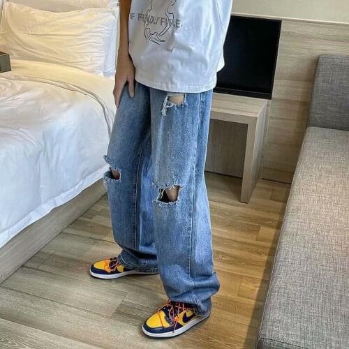 Ripped Beggar Jeans Mopping The Floor Denim Loose Wide-leg Pants Hiphop Teen Casual Straight-leg Pants Plus Size Trendy Overalls