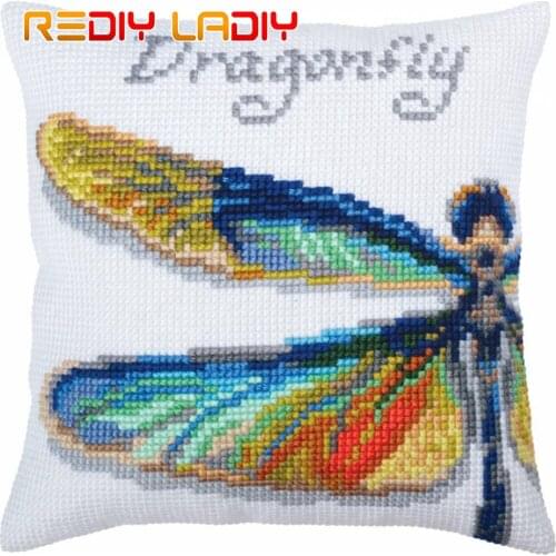 DIY Cross Stitch Cushion Cover Dragonfly Needlepoint Kits Pre-Printed Canvas Thick Yarn Cross-stitch Pillow Case Art and Crafts