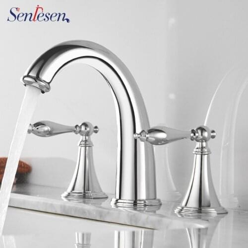 Senlesen 3 Pcs Bath Sink Faucet Bathroom Slim Tap Hot and Cold Basin Water Mixer Tap Bathroom Single Sink Faucet