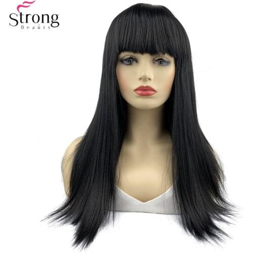 StrongBeauty Long Straight Black Wig For Women Bob Neat Bang Capless Wigs Hair Synthetic Heat Resistant