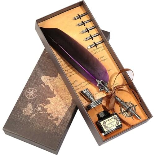 Vintage Feather Dip Pen Multicolor Quill Fountain Pens Writing Ink Bottle Set Stationery Wedding Birthday Gift Box