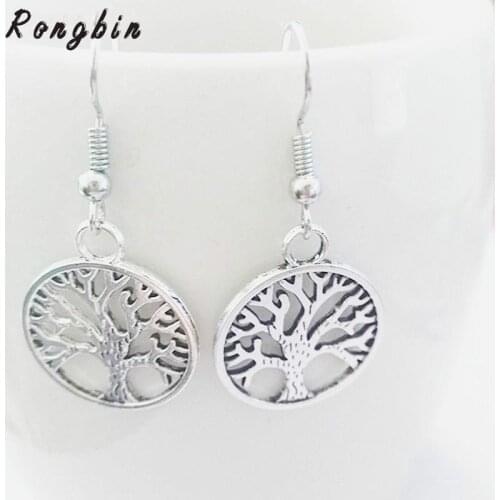 Vintage Punk Style Earring Eagle wings-Round Hollow Peace Life Tree Dangle Earrings Charm Silver-plated Jewelry For women set