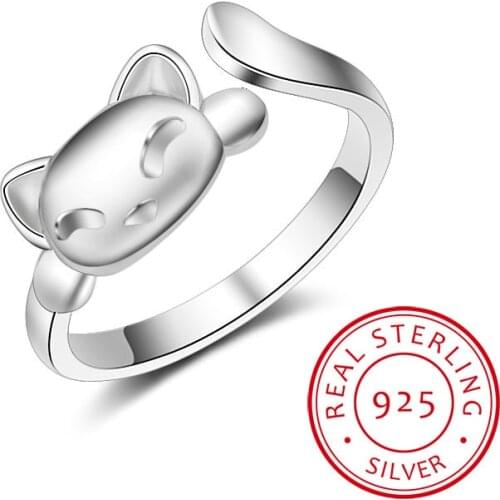 925 Sterling-silver-jewelry Cute Smiley Cat Open Rings For Women High Quality Girl Gift Bague Femme