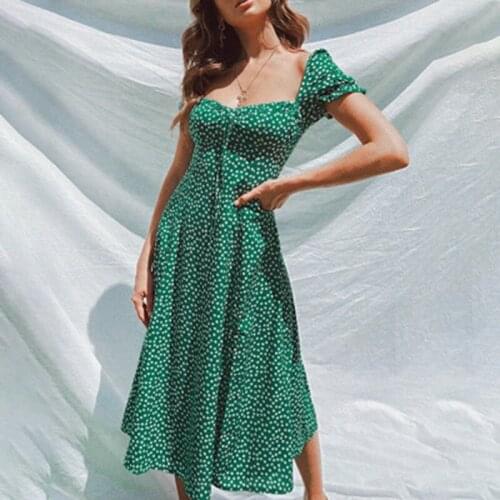 Woman Summer Vintage Party Dress Square Collar Ruffle Elegant Sexy Dress Beach Female Green Floral Dress
