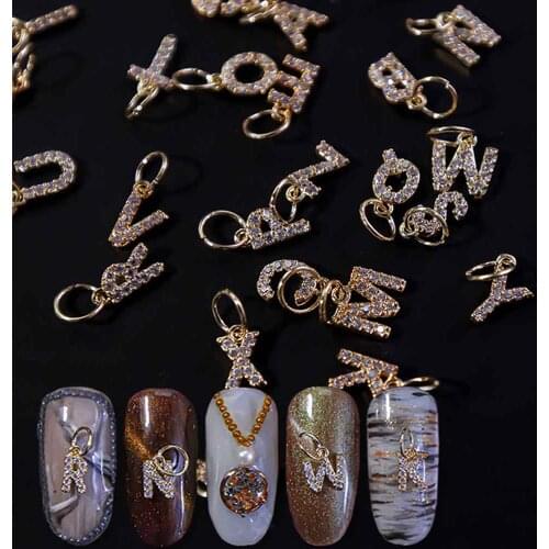 26 Letters/Lot 3D Zircon Nail Art Charms Pierced Alphabet Dangle,26PC Jewels Set A-Z Gold Alphabet Metal Nail Decorations #1002