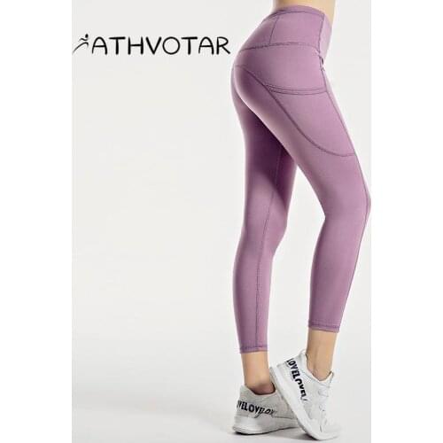 ATHVOTAR Solid Women Pants High Waist Hip Lift Side Pocket Running Sport Leggings Quick Dry Yoga Fitness Tights Gym Clothing