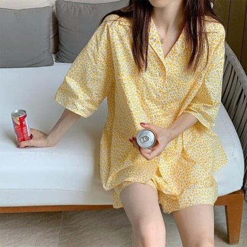 Korean Style Home Suit Summer Pajamas for Women Girls Sweet Pyjama Ensembles Short Sleeve Pijamas Bright Yellow Two Piece Set