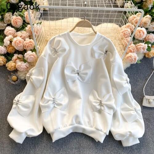 Gagaok Hoodies Women Tops 2021 Spring Autumn New Streetwear Solid Puff Sleeve Bow Loose Sweatshirts Casual Harajuku Wild Hoodies