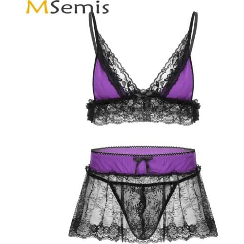 Men Sexy Transparent Micro Lingerie Set Sissy Lenceria Lace Nightwear Erotic Spaghetti Strap Bra with Mini Skirt G-string Briefs