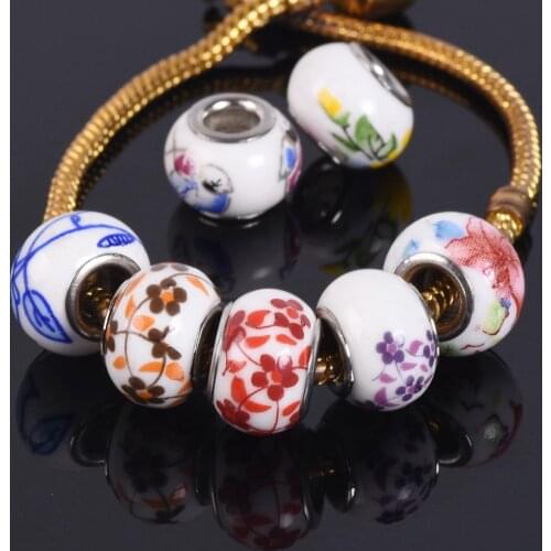 14x10mm Flower Patterns Round Ceramic Porcelain European Charms Loose Big Hole Beads Lot for DIY Bracelet Jewelry Making