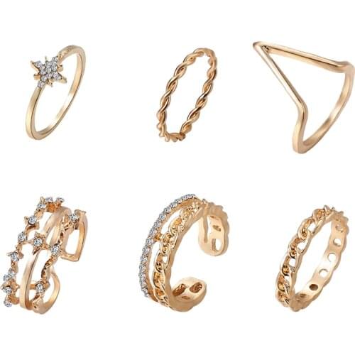 6Pcs/Set Exaggerated Geometric Opening Ring Vintage Inlaid Rhinestone Crystal Knuckle Finger Ring for Women Party Jewelry