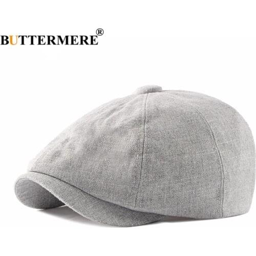 BUTTERMERE Linen Newsboy Cap Men Beret Hat Spring Summer Light Gray Eight Panel Hat British Style Vintage Casual Octagonal Cap