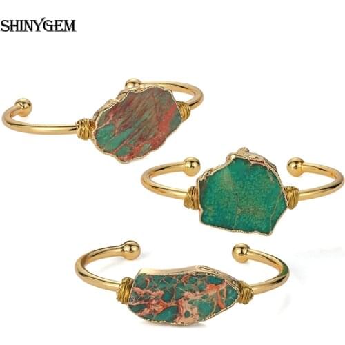 ShinyGem Vintage Style Natural Irregular Big Jaspers Stone Bangle Connector Charm Texture Gold Wire Open Cuff Bracelet For Women