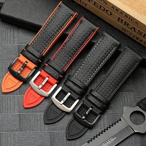 18mm 20mm 22mm 24mm Mens Watch Band Carbon Fibre Watch Strap with Stitched + silicone Lining Stainless Steel Clasp watchband