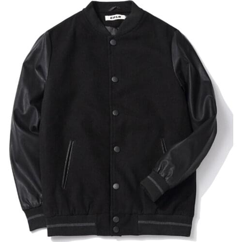 School Team Uniform Men Black Leather Sleeves College Varsity Jacket Quilted Baseball Letterman Coat Plus Size 5XL 6XL