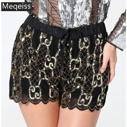 Highstreet Party Sequin Mid Waist Zipper Fly Solid sexy Shorts 2019 New Summer Fashion Streetwear Club Women Shorts wholesale