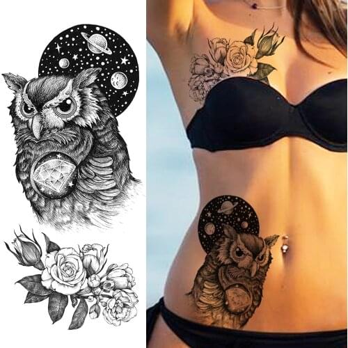 Black Owl Temporary Tattoos Sticker Waterproof Fake Planets Flower Tattoos Womens Fashion Body Art Arm Wasit Tatoos For Seaside