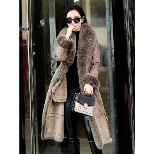 Genuine Rabbit Fur Coat Women Real Fox Fur Collar Female Jacket Long Korean Elegant Womens Coats Roupa Feminina Inverno Zjt596