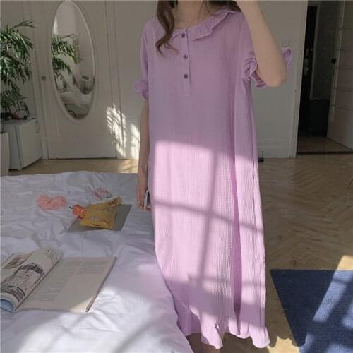 8 color peter pan collar sweet crepe cotton nightgown soft solid short sleeve summer ruffles women dress homewear Y583