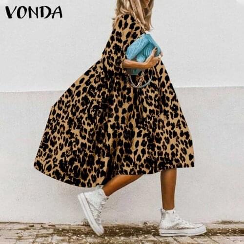 Women Long Sleeve Dress Vintage Leopard Printed Dresses VONDA 2021 Casual O Neck Long Sleeve Robe Bohemian Vestidos Femme