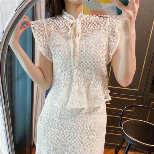 2021 Temperament Hollow Out Lace Blouse Women Shirts Chic Flying Sleeve Blusas Mujer New Summer Elegant Lace Up Woman Tops