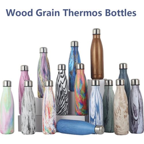500ml Double Wall Insulated Vacuum Flask Stainless Steel Thermos Wood Grain Sport Water Bottles For Girls Coffee Tumbler Mug