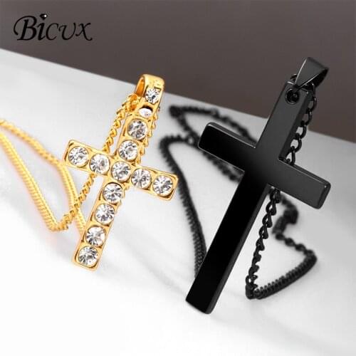 BICUX Christian Stainless Steel Crystal Cross Pendant Mens Long Gold Silver Color Chain Fashion Necklace for Women Jewelry