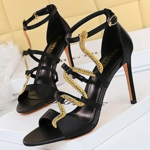 BIGTREE Shoes Serpentine Rhinestone Women Sandals Satin Hollow Sandals Women High Heels Summer Sandles Women Sexy Heeled Sandals