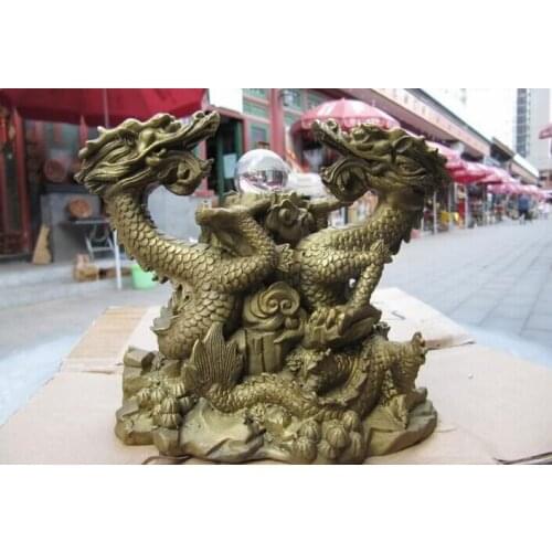 Fast shipping USPS to USA S2983 Chinese Refined Red Bronze Copper Fengshui Two Dragon Play glass Bead statue