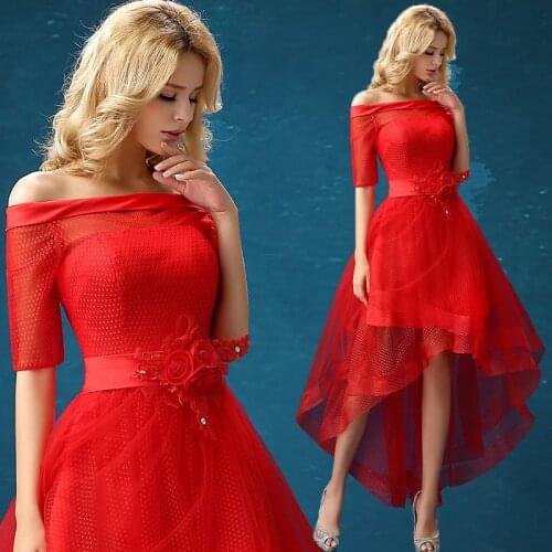 Ensotek 2020 Red Off-the-Shoulder High Low Flowers Lace Fashion Party Cocktail Dresses Prom Dress Banquest Dress Vestidos