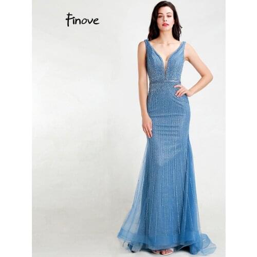 Finove Elegant Evening Dresses Long 2020 New Arrivals Beading Mermaid Dress Sexy V-Neck Backless Party Prom Gowns Plus Sizes